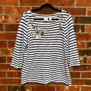 Chico's 2 Womens Large Floral Tassle Embroidered Blue White Stripe Nautical Top